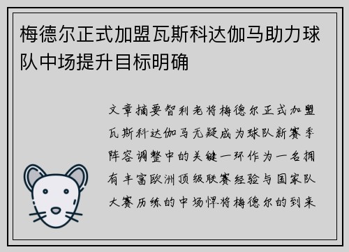 梅德尔正式加盟瓦斯科达伽马助力球队中场提升目标明确
