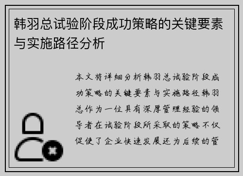 韩羽总试验阶段成功策略的关键要素与实施路径分析
